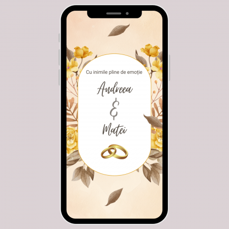 Invitații digitale nuntă - Invitație video de nuntă, model floral auriu