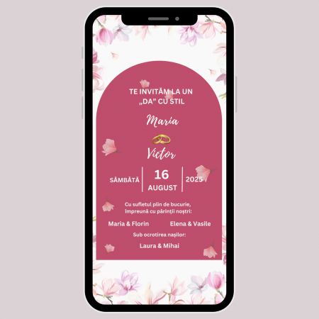 Invitații digitale nuntă - Invitație video de nuntă, model floral roz