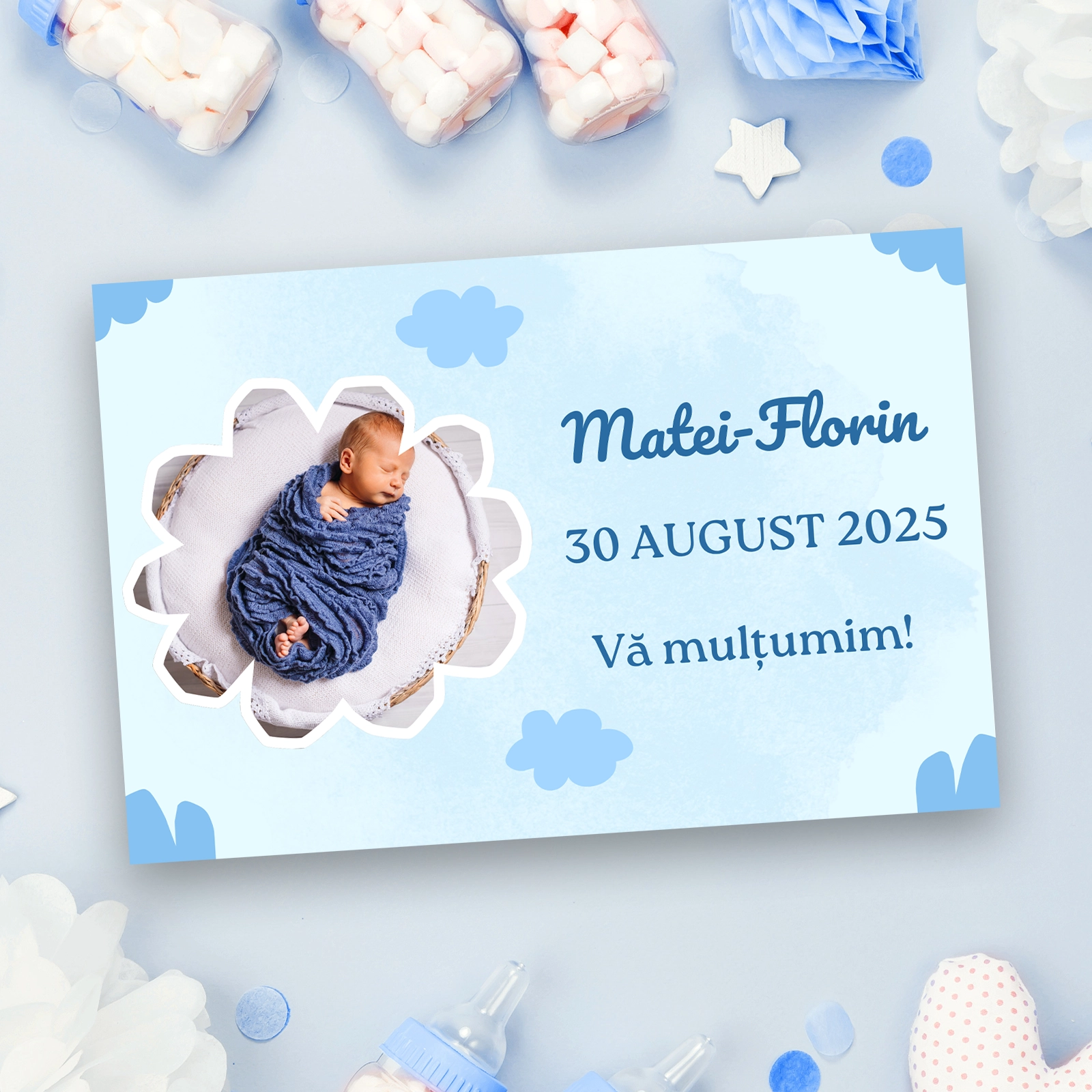 Mărturii botez - Mărturie magnetică botez albastră cu norișori
