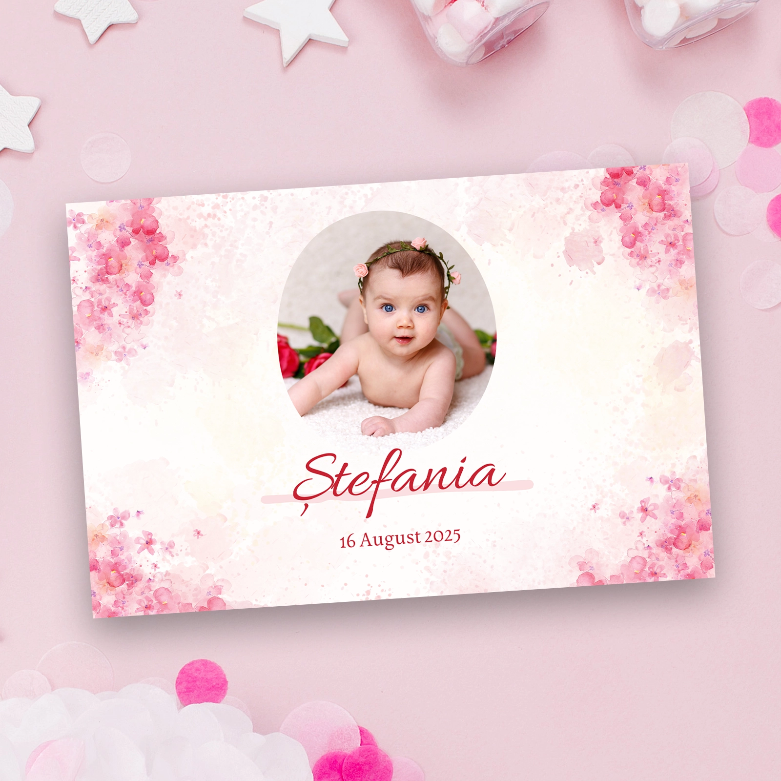 Mărturii botez - Mărturie magnetică botez model floral roz