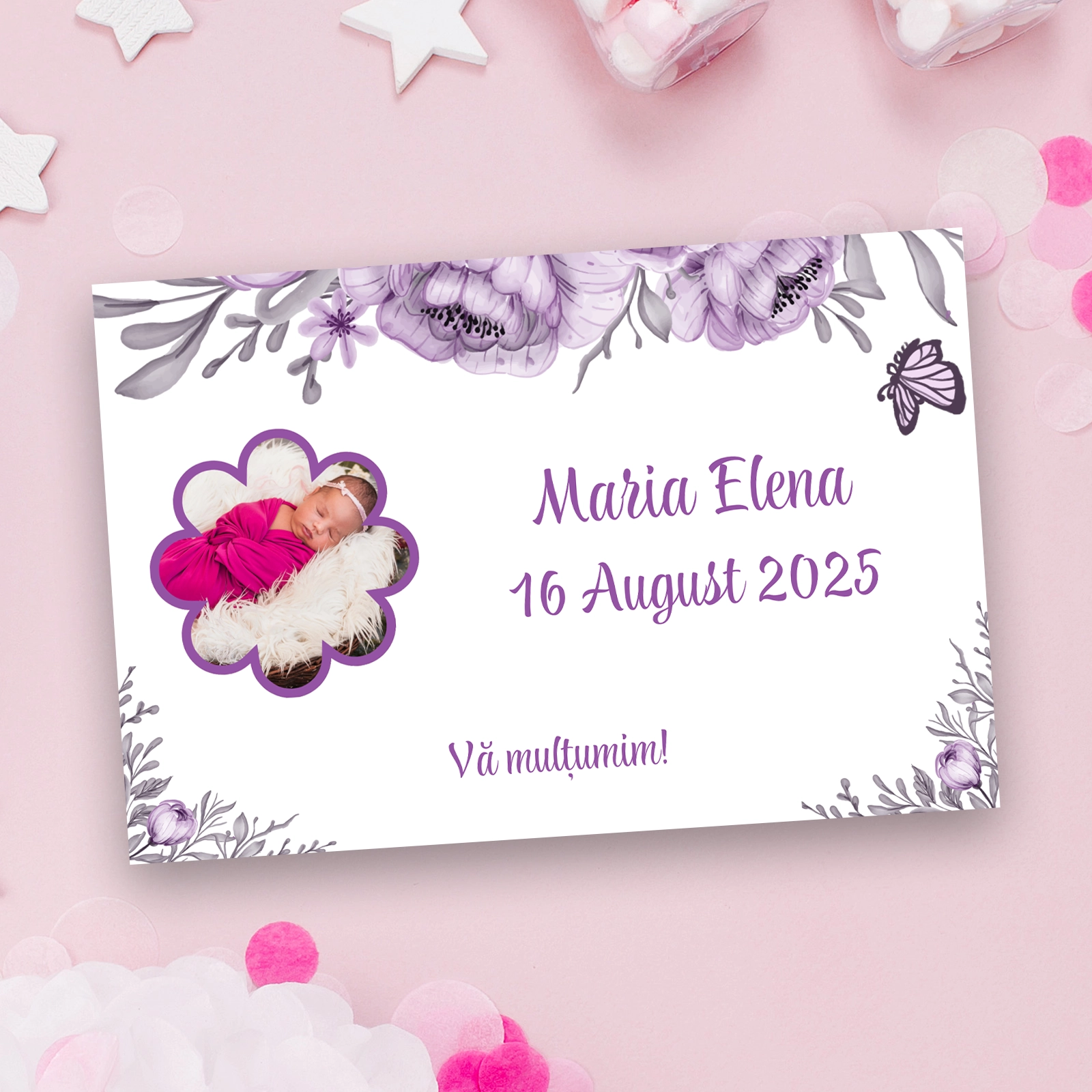 Mărturii botez - Mărturie magnetică botez model floral mov