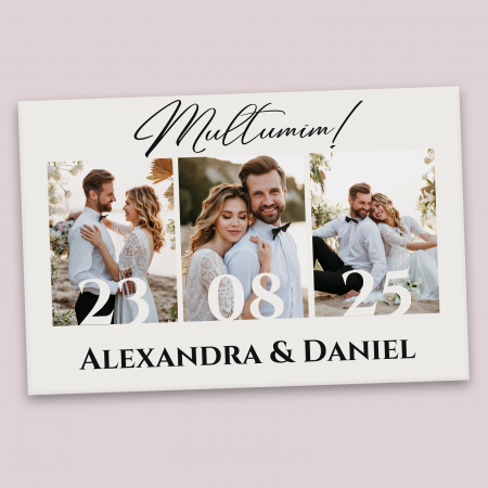 Mărturii magnetice - Mărturie de nuntă magnetică personalizată cu colaj de fotografii, data nunții și mesaj de mulțumire – design elegant