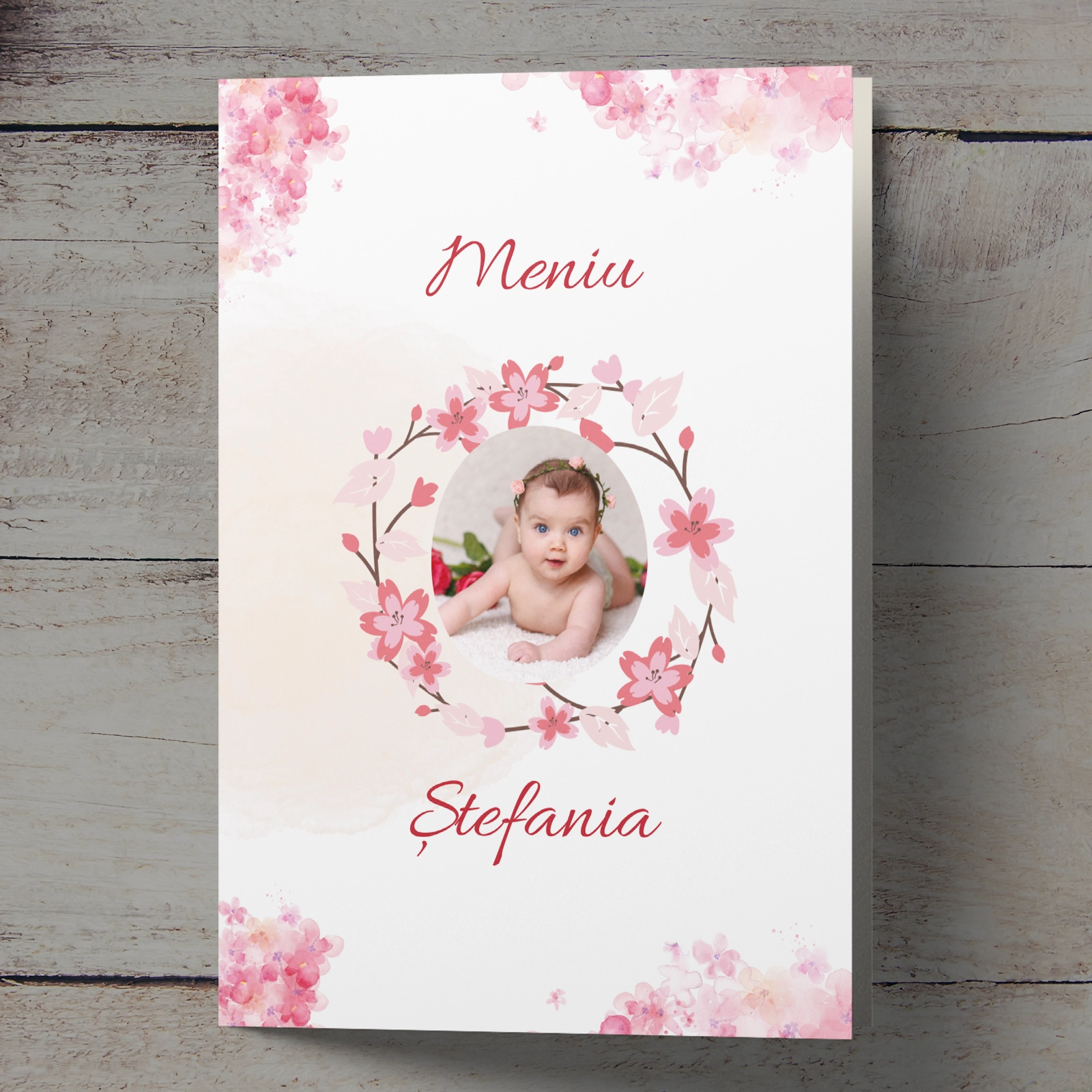 Meniuri botez - Meniu botez, design floral roz cu poză