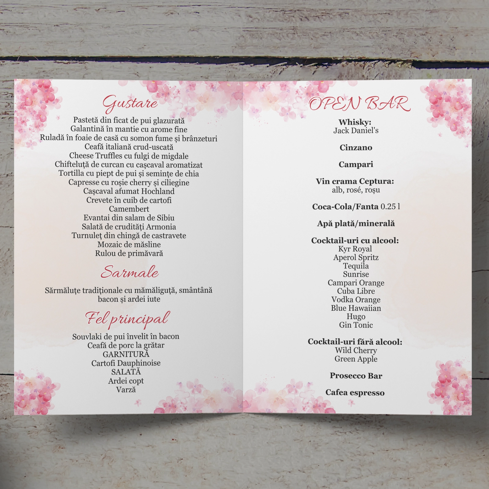 Meniu botez, design floral roz cu poză [2]