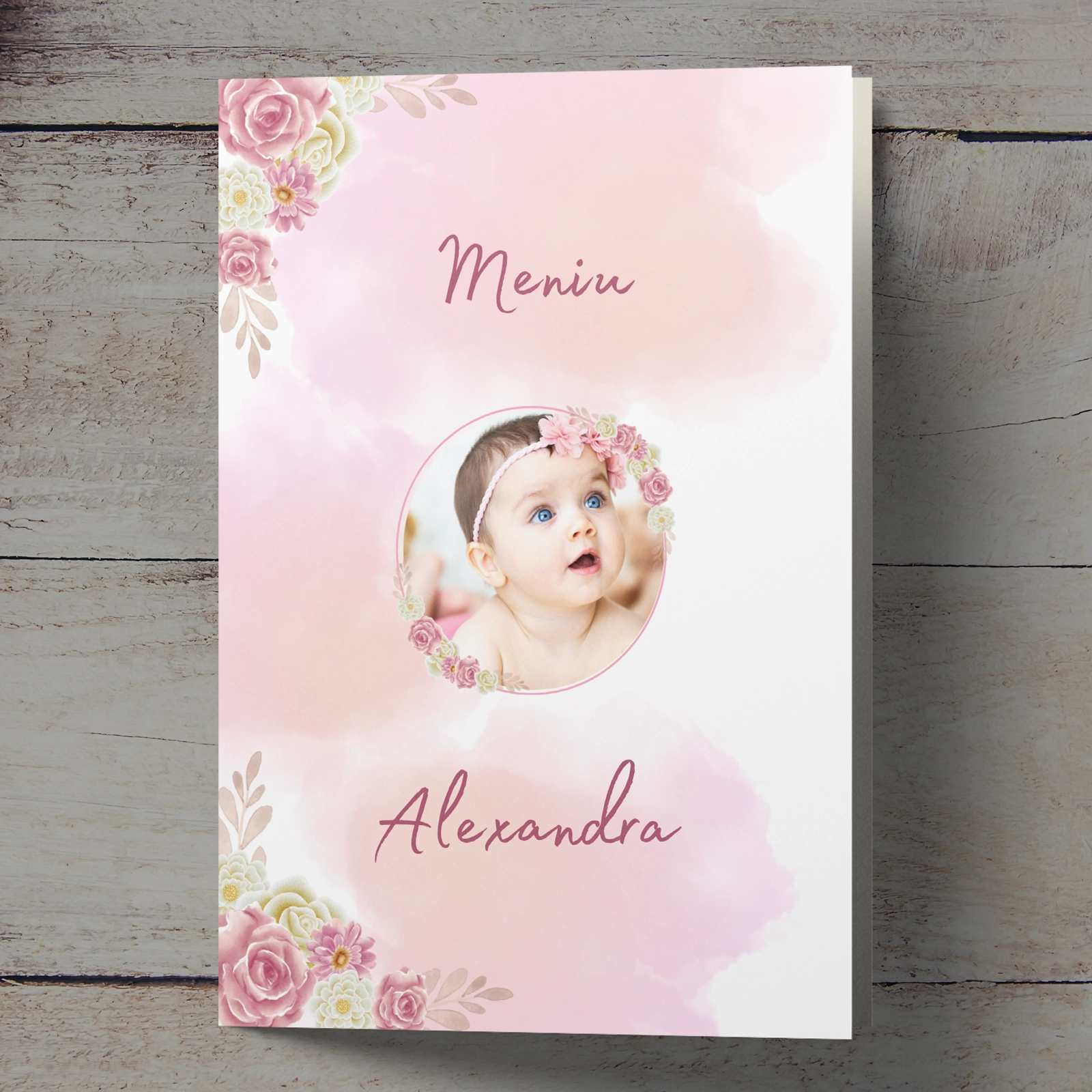 Meniuri botez - Meniu botez, model floral roz cu poză