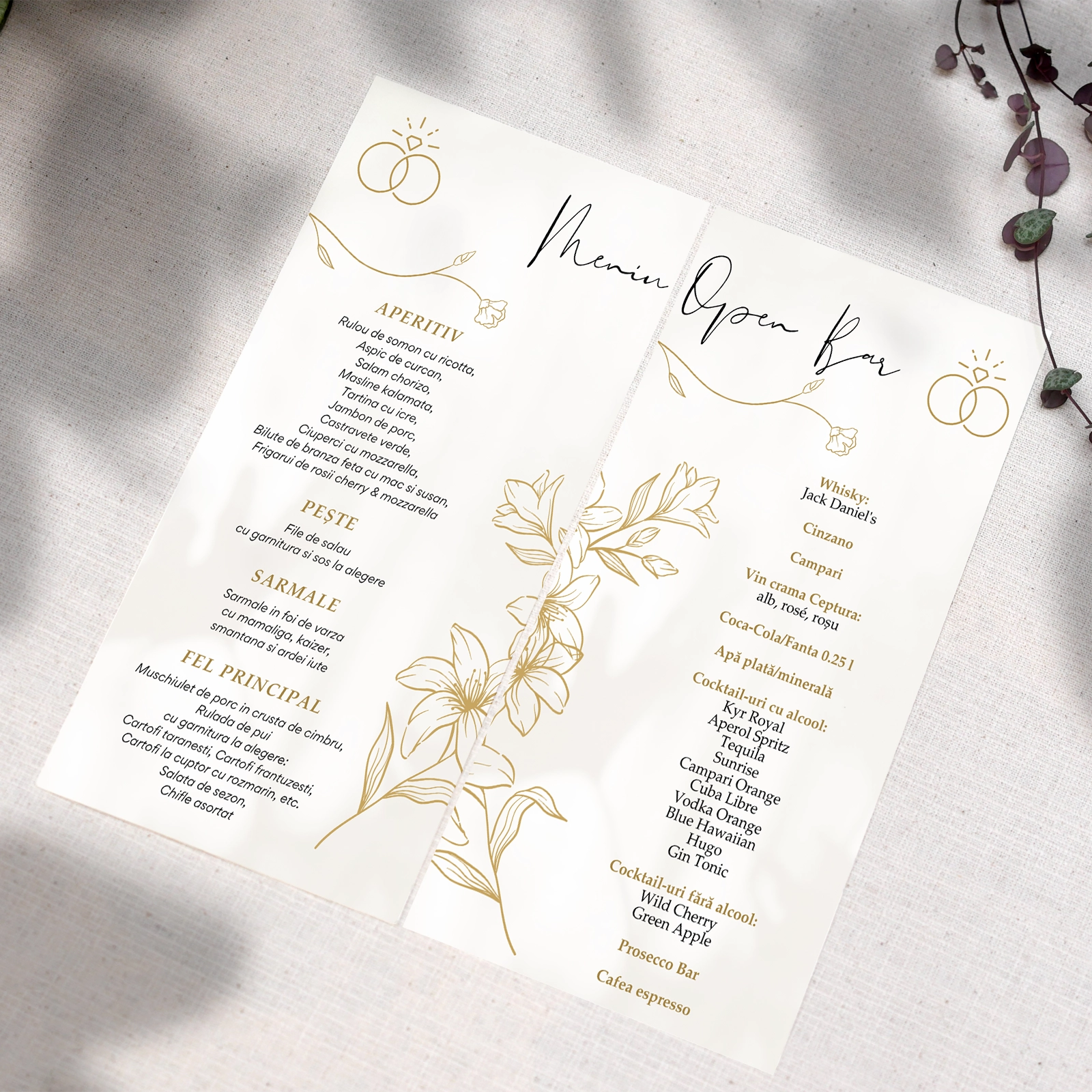 Meniuri nuntă - Meniu individual nuntă, inele cu flori