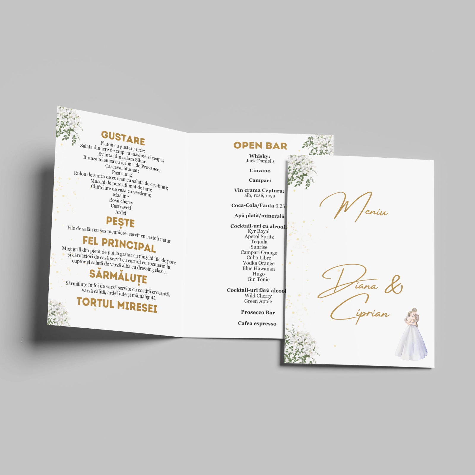 Meniuri nuntă - Meniu nuntă cu ilustrație miri