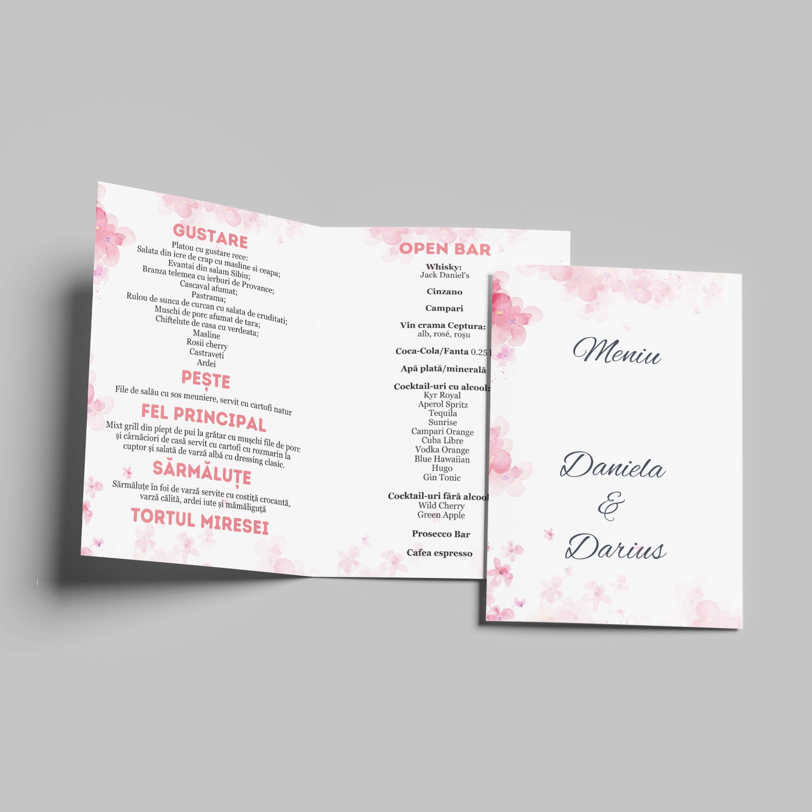 Meniuri nuntă - Meniu nuntă, design floral roz
