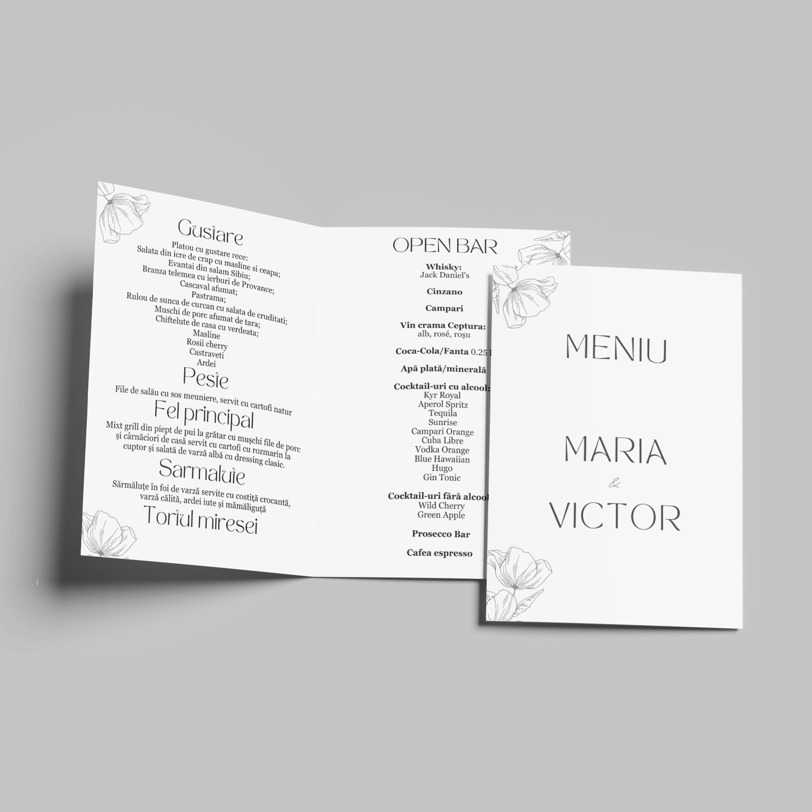 Meniuri nuntă - Meniu nuntă, design floral vintage