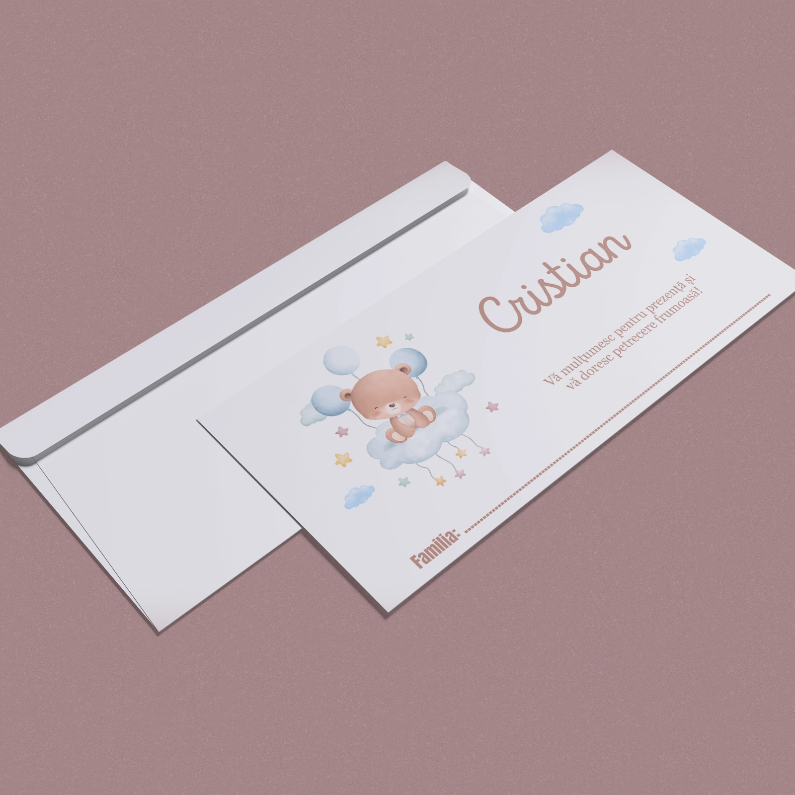 Plicuri bani botez - Plic bani botez din hârtie cu ursuleț