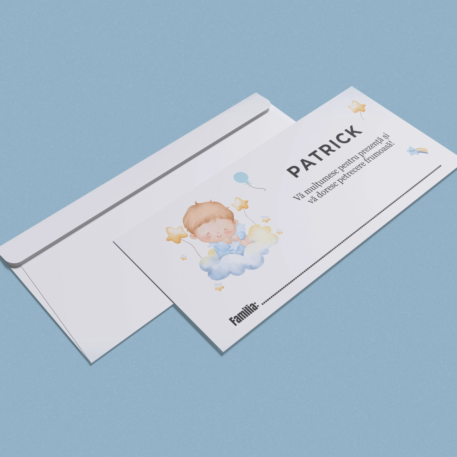 Plicuri bani botez - Plic bani botez hârtie, albastru cu ilustrație