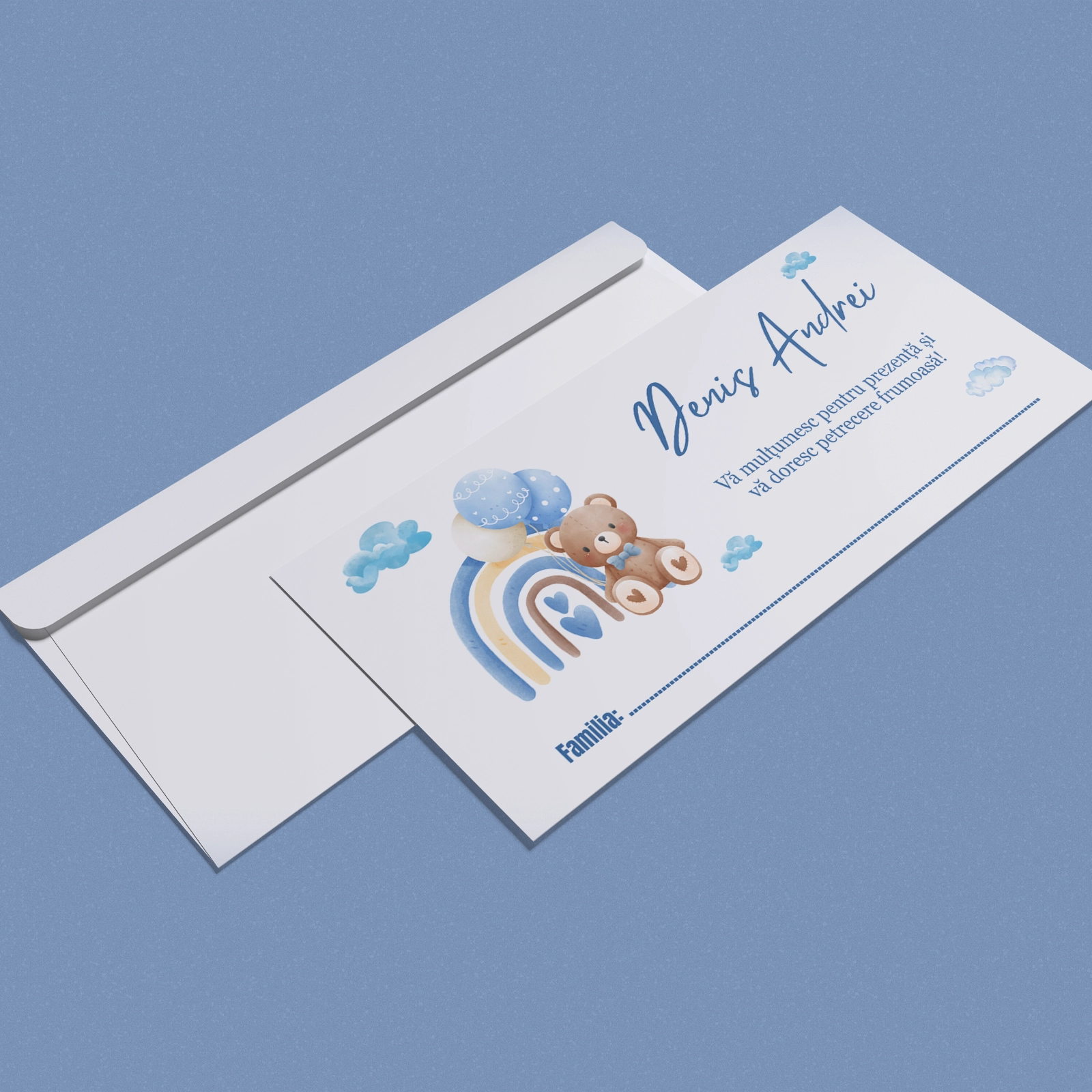 Plicuri bani botez - Plic bani botez hârtie, albastru cu ursuleț