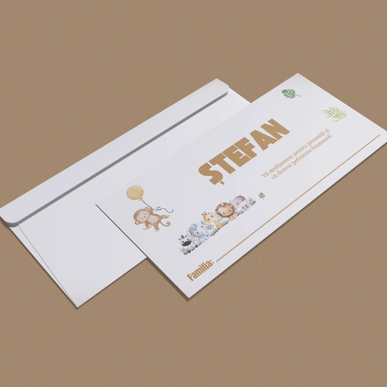 Plicuri bani botez - Plic bani botez hârtie, desene junglă