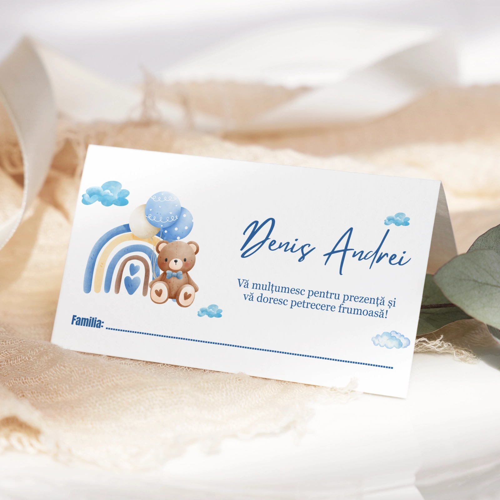 Plicuri bani botez - Plic bani botez albastru cu ursuleț