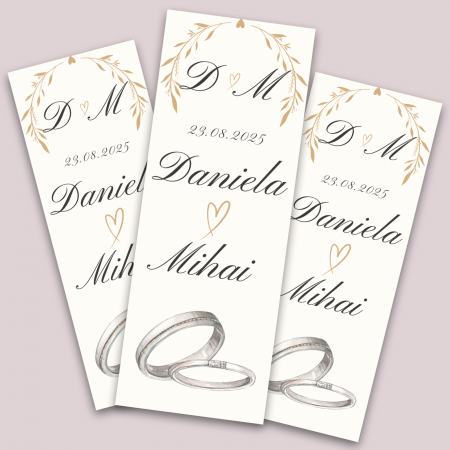 Stickere - Set stickere nuntă personalizate 3x8 cm cu inițiale, dată, nume miri și inele