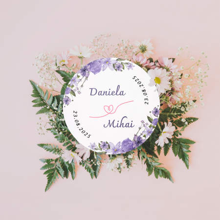 Stickere - Set stickere nuntă personalizate cu nume miri și dată - design floral