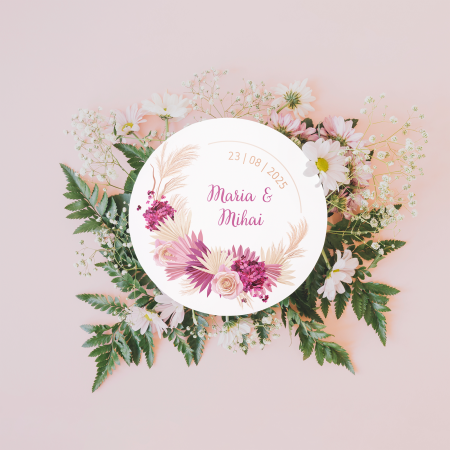 Stickere - Set stickere nuntă personalizate cu nume miri și dată - design floral
