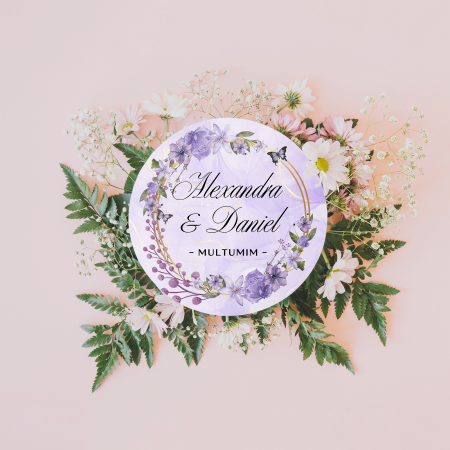 Stickere - Set stickere personalizate nuntă cu numele mirilor, design floral mov cu flori, fluturi și mesaj de mulțumire