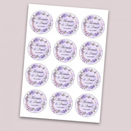 Set stickere personalizate nuntă cu numele mirilor, design floral mov cu flori, fluturi și mesaj de mulțumire [1]