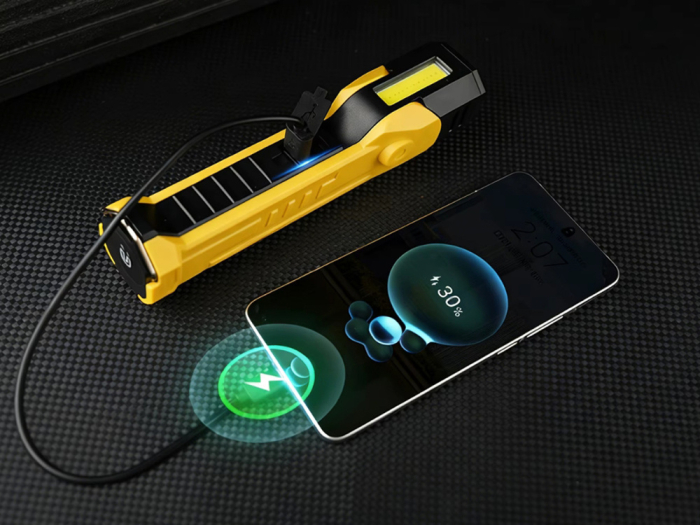 Lampa de lucru reincarcabila COB LED, lanterna de atelier cu magnet si carlig, functie power bank si afisaj LCD pentru nivel baterie, port USB-C si USB, unghi reglabil, Galben/Negru, 1 buc [7]