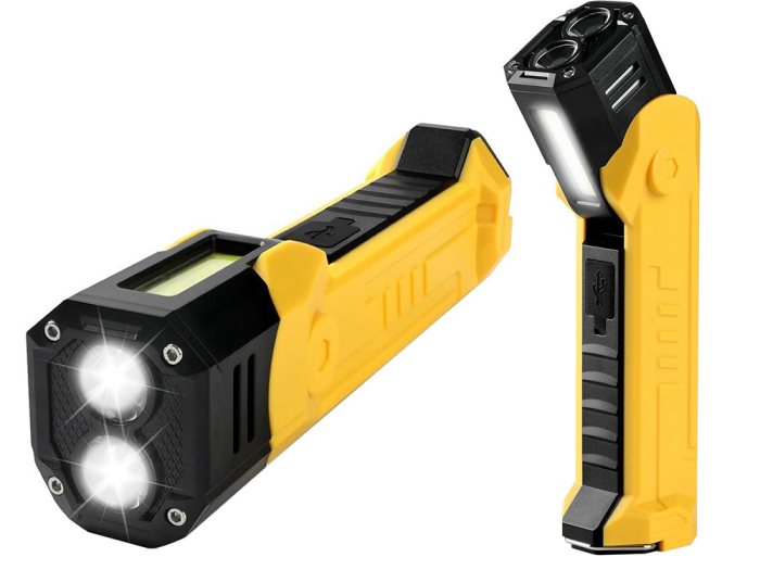 Lampa de lucru reincarcabila COB LED, lanterna de atelier cu magnet si carlig, functie power bank si afisaj LCD pentru nivel baterie, port USB-C si USB, unghi reglabil, Galben/Negru, 1 buc [2]