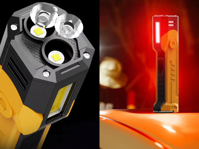 Lampa de lucru reincarcabila COB LED, lanterna de atelier cu magnet si carlig, functie power bank si afisaj LCD pentru nivel baterie, port USB-C si USB, unghi reglabil, Galben/Negru, 1 buc [3]