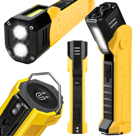 Diverse - Lampa de lucru reincarcabila COB LED, lanterna de atelier cu magnet si carlig, functie power bank si afisaj LCD pentru nivel baterie, port USB-C si USB, unghi reglabil, Galben/Negru, 1 buc