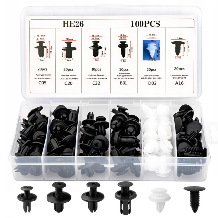 Scule si unelte - Set cleme si clipsuri auto, universale, plastic, pentru tapiterie, usi, bara, aripi si carenaje, cutie depozitare,