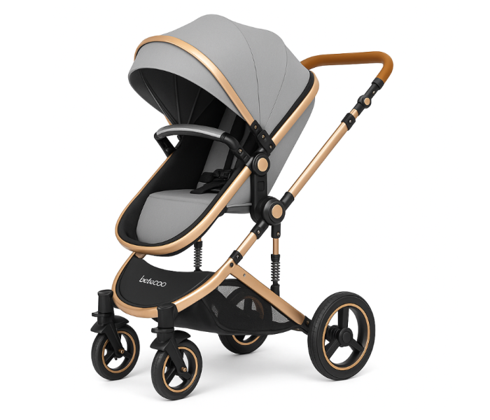 Carucior 2 in 1, Belecoo, cu maner protectie din piele, landou reversibil, geanta pentru accesorii, multifunctional, gri cenusiu [3]