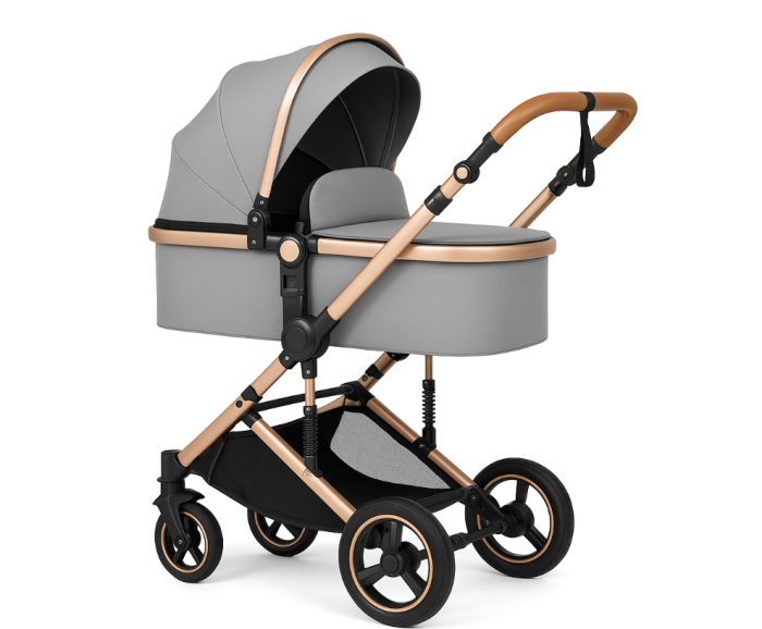 Carucior 2 in 1, Belecoo, cu maner protectie din piele, landou reversibil, geanta pentru accesorii, multifunctional, gri cenusiu [2]