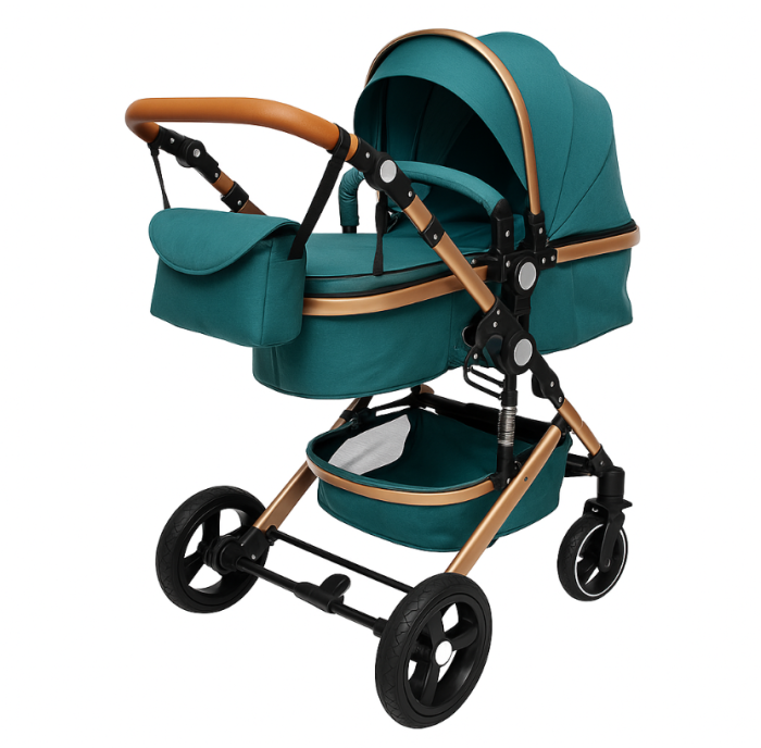 Carucior 2 in 1, Belecoo, cu maner protectie din piele, landou reversibil, geanta pentru accesorii, multifunctional, turcoaz [2]