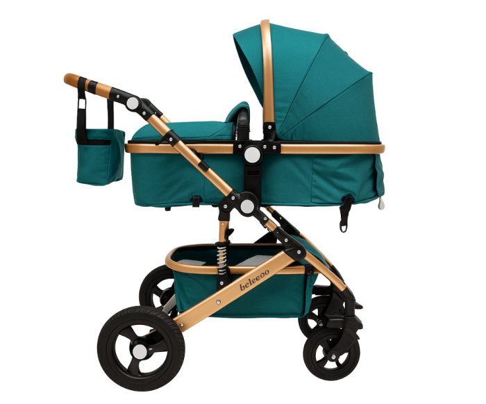 Carucior 2 in 1, Belecoo, cu maner protectie din piele, landou reversibil, geanta pentru accesorii, multifunctional, turcoaz [1]