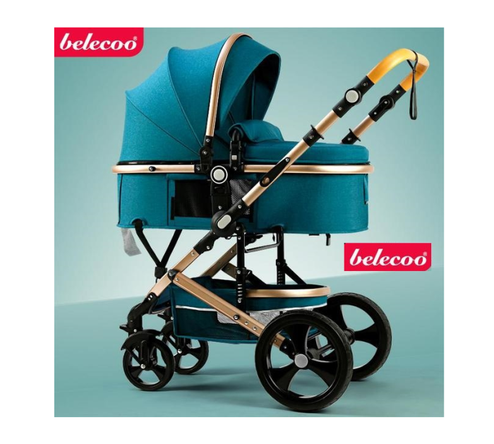 Carucior 2 in 1, Belecoo, cu maner protectie din piele, landou reversibil, geanta pentru accesorii, multifunctional, turcoaz [4]