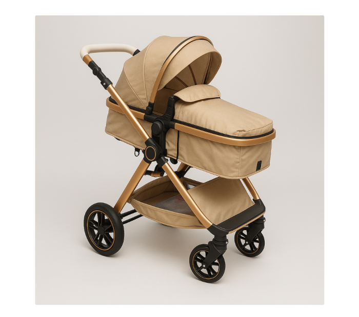 Carucior 2 in 1, Cu landou Reversibil, copertina extensibila, geanta pentru scutece, Bej auriu [3]