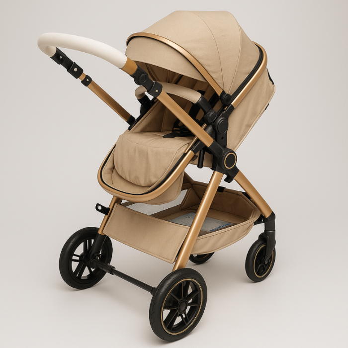 Carucior 2 in 1, Cu landou Reversibil, copertina extensibila, geanta pentru scutece, Bej auriu [2]
