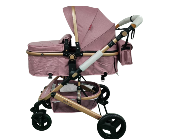 Carucior 2 in 1, Cu landou Reversibil, Material anti-UV, Dubla Suspensie pe roata si pe cadru, Geanta pentru scutece, Roz [4]