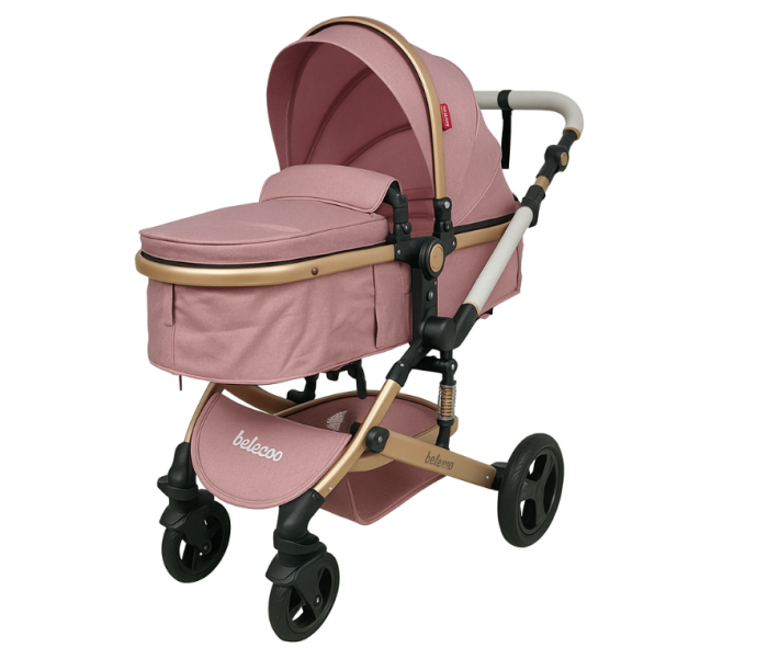 Carucior 2 in 1, Cu landou Reversibil, Material anti-UV, Dubla Suspensie pe roata si pe cadru, Geanta pentru scutece, Roz [2]