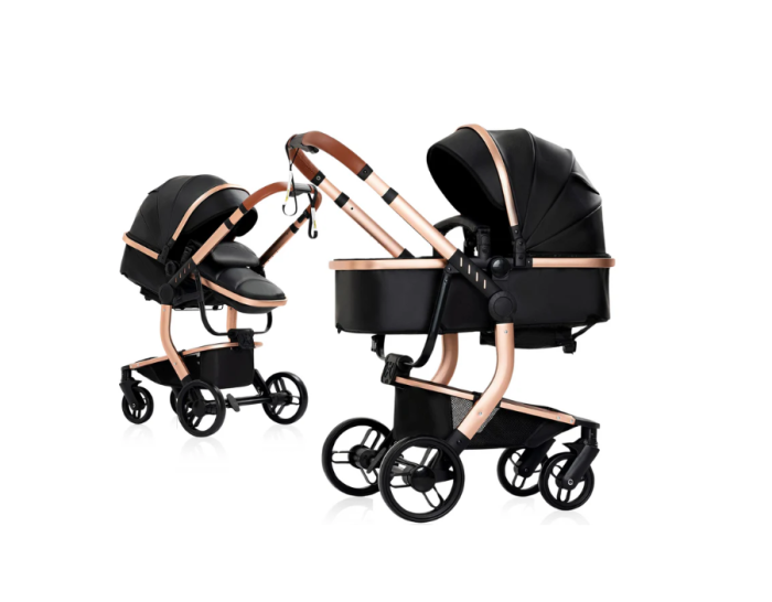 Carucior 2 in 1, Cu landou Reversibil, Material anti-UV si rezistent la umiditate, Cadru metalic ranforsat, Geanta pentru scutece, negru [1]