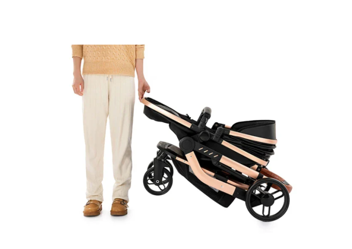 Carucior 2 in 1, Cu landou Reversibil, Material anti-UV si rezistent la umiditate, Cadru metalic ranforsat, Geanta pentru scutece, negru [7]