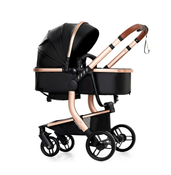 Carucior 2 in 1, Cu landou Reversibil, Material anti-UV si rezistent la umiditate, Cadru metalic ranforsat, Geanta pentru scutece, negru [3]