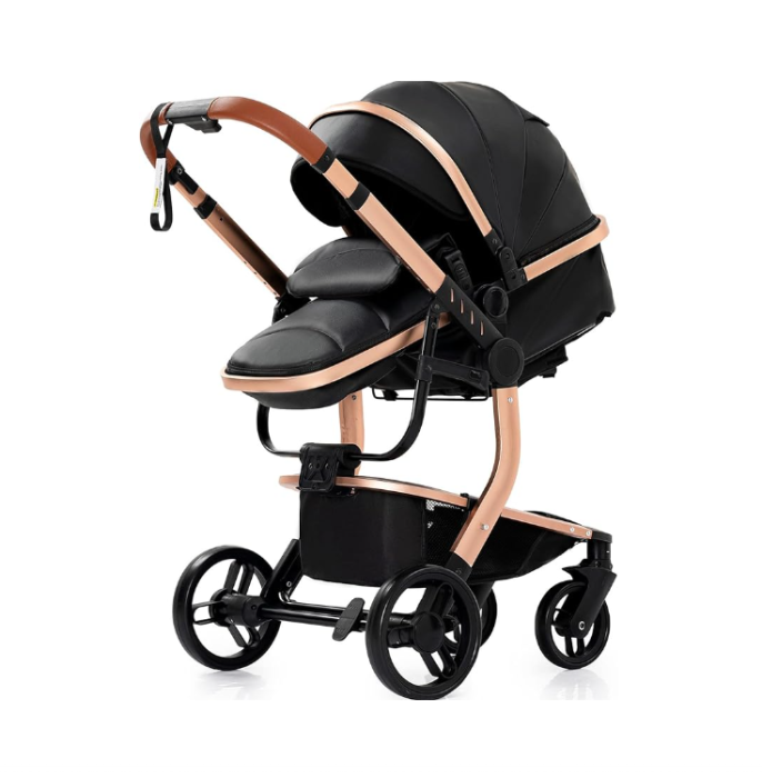 Carucior 2 in 1, Cu landou Reversibil, Material anti-UV si rezistent la umiditate, Cadru metalic ranforsat, Geanta pentru scutece, negru [2]