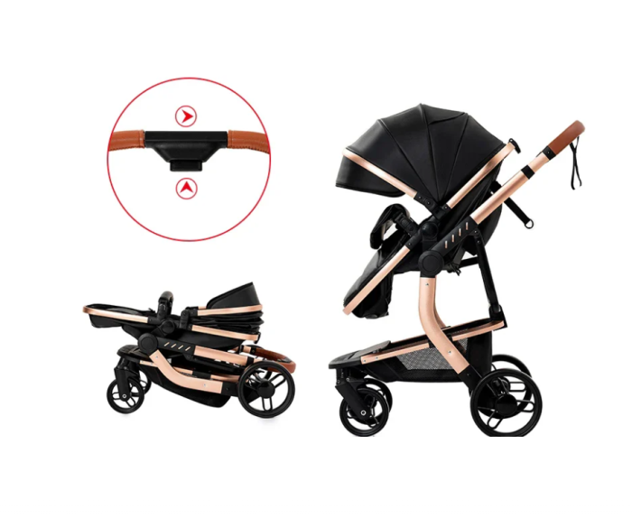 Carucior 2 in 1, Cu landou Reversibil, Material anti-UV si rezistent la umiditate, Cadru metalic ranforsat, Geanta pentru scutece, negru [6]