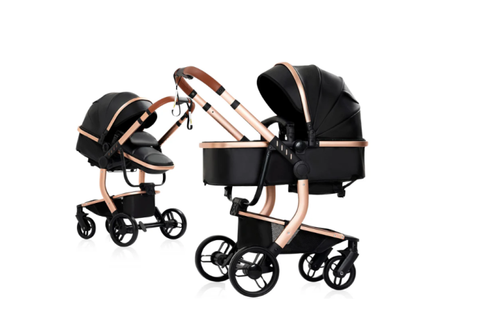 Carucior 2 in 1, Cu landou Reversibil, Material anti-UV si rezistent la umiditate, Roata antieroziune, Cadru metalic ranforsat, Geanta pentru scutece, negru [3]