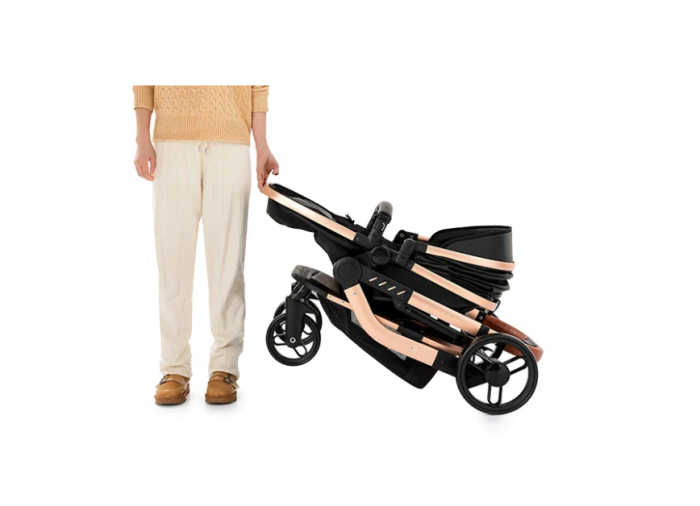 Carucior 2 in 1, Cu landou Reversibil, Material anti-UV si rezistent la umiditate, Roata antieroziune, Cadru metalic ranforsat, Geanta pentru scutece, negru [8]