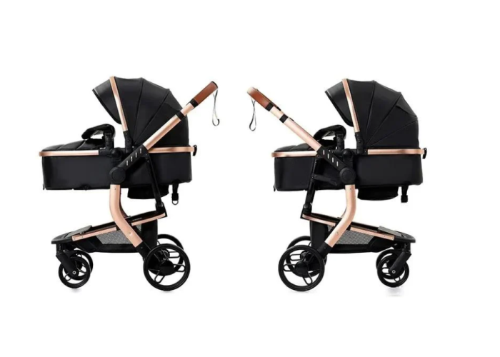 Carucior 2 in 1, Cu landou Reversibil, Material anti-UV si rezistent la umiditate, Roata antieroziune, Cadru metalic ranforsat, Geanta pentru scutece, negru [6]