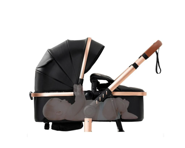 Carucior 2 in 1, Cu landou Reversibil, Material anti-UV si rezistent la umiditate, Roata antieroziune, Cadru metalic ranforsat, Geanta pentru scutece, negru [5]
