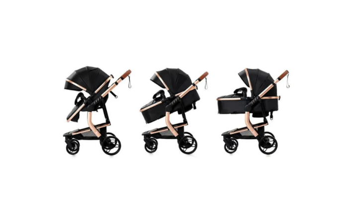 Carucior 2 in 1, Cu landou Reversibil, Material anti-UV si rezistent la umiditate, Roata antieroziune, Cadru metalic ranforsat, Geanta pentru scutece, negru [4]