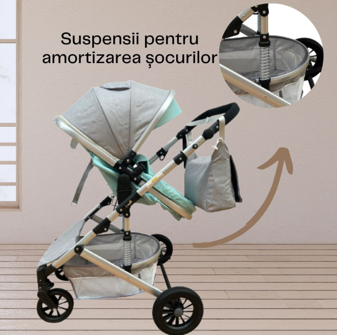 Carucior 2 in 1, Cu suspensii duble, Geanta pentru accesorii, Vernil Bicolor [5]