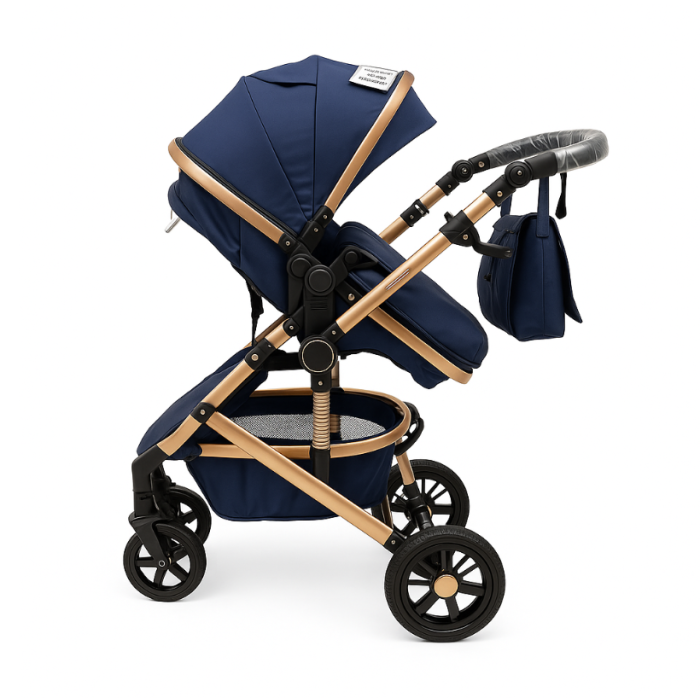 Carucior 2 in 1, Dubla suspensie pe roata si cadru, Geanta inclusa, Plasa de tantari inclusa, Roata cauciuc, Albastru [3]