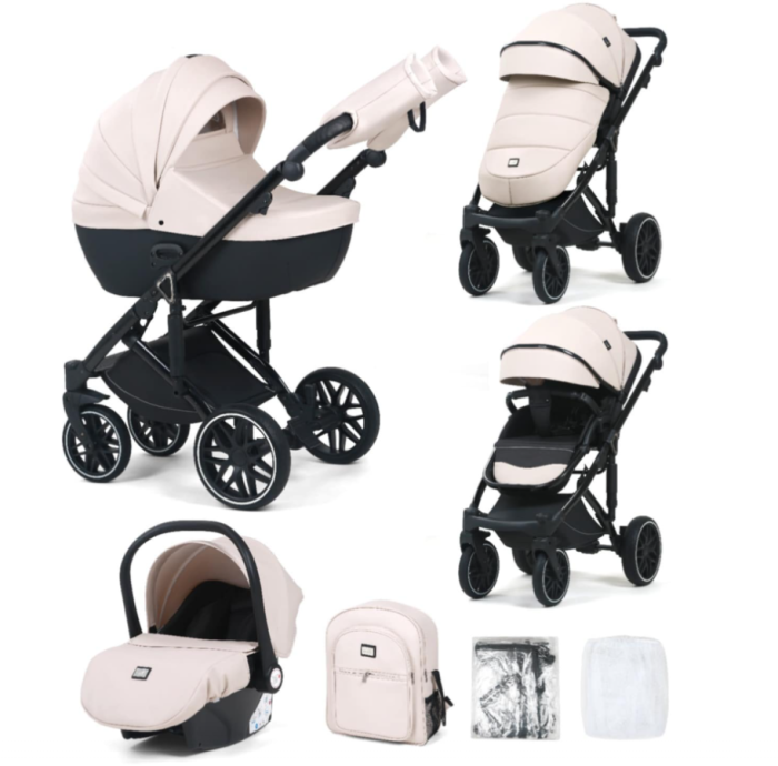 Carucior 3 in 1, 0-36 luni, Colectia Fizio-Lux, Piese distincte, Reversibil, Cu Suspensii, Husa de ploaie si insecte, Manusi de protectie, Eco-piele, Alb unt [1]